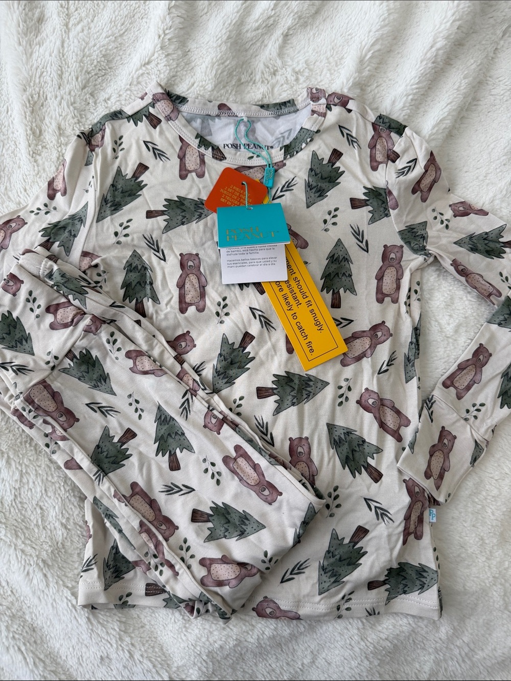 Posh Peanut Cream Pajama Set with Green Trees & Brown Bears 5T/6T